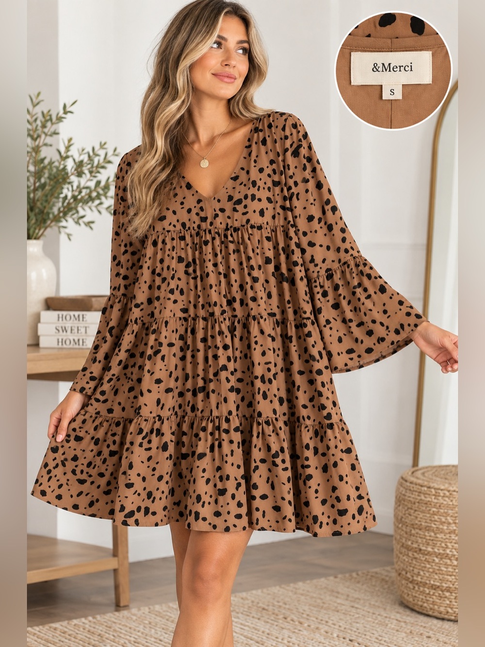 &Merci Brown and Black Long Sleeve Leopard Print Dress